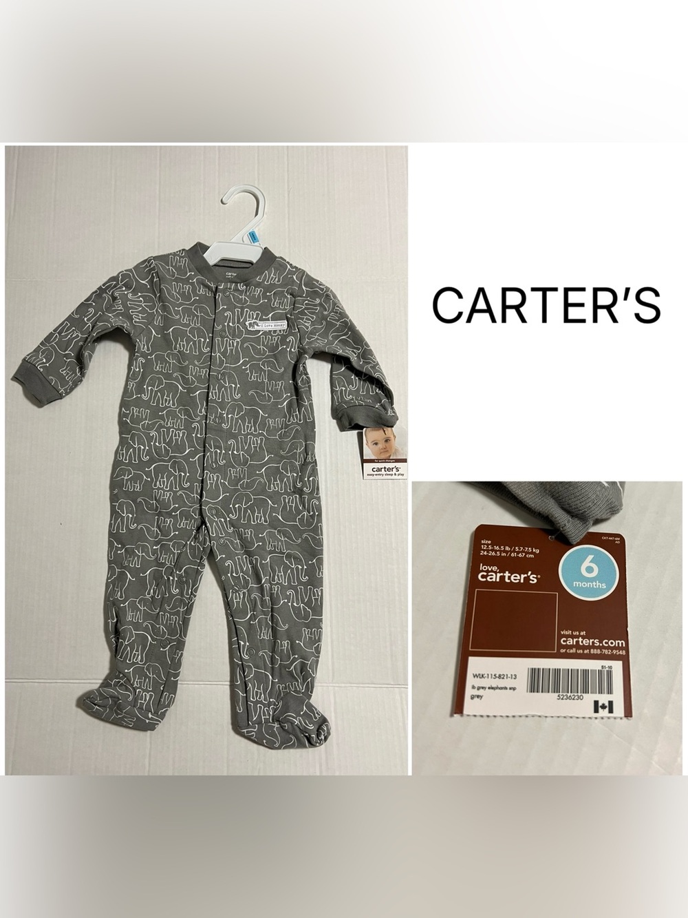 CARTER’S - 6M - NWT - INFANT BOYS GREY ELEPHANT SLEEPER